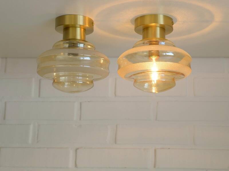 Set Of 2 Vintage Amber Glass Sconces MCM Brass Flush Mount Lights