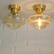 Set Of 2 Vintage Amber Glass Sconces MCM Brass Flush Mount Lights
