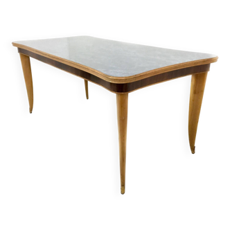 Vintage beech and maple dining table with a patterned blue glass top, italy