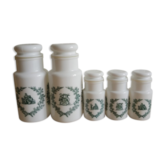 Set of 5 apothecary pots opaline glass made in italy - vintage