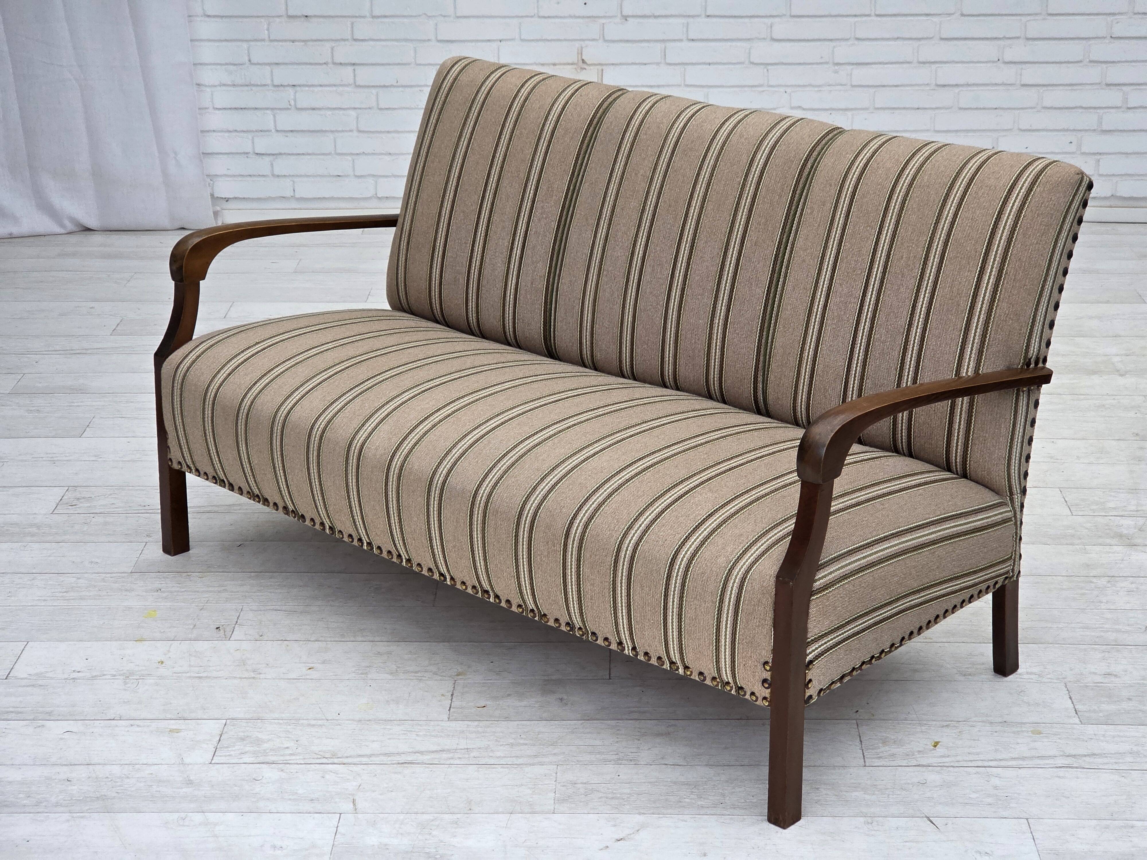 1950s, Danish 2-seater sofa, beige furniture wool fabric, beech wood legs.