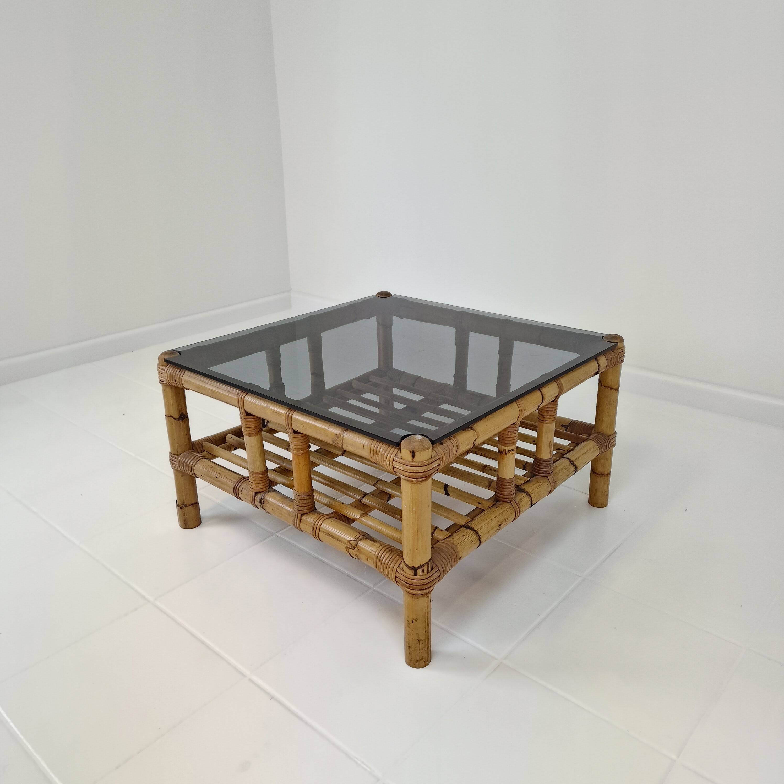 Italian bamboo coffee table with smoked glass, 1970s