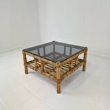 Italian bamboo coffee table with smoked glass, 1970s