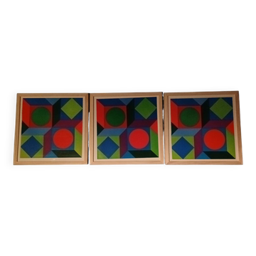 Vintage Optical Art Triptych - Victor Vasarely - 3 Frames 30x30cm