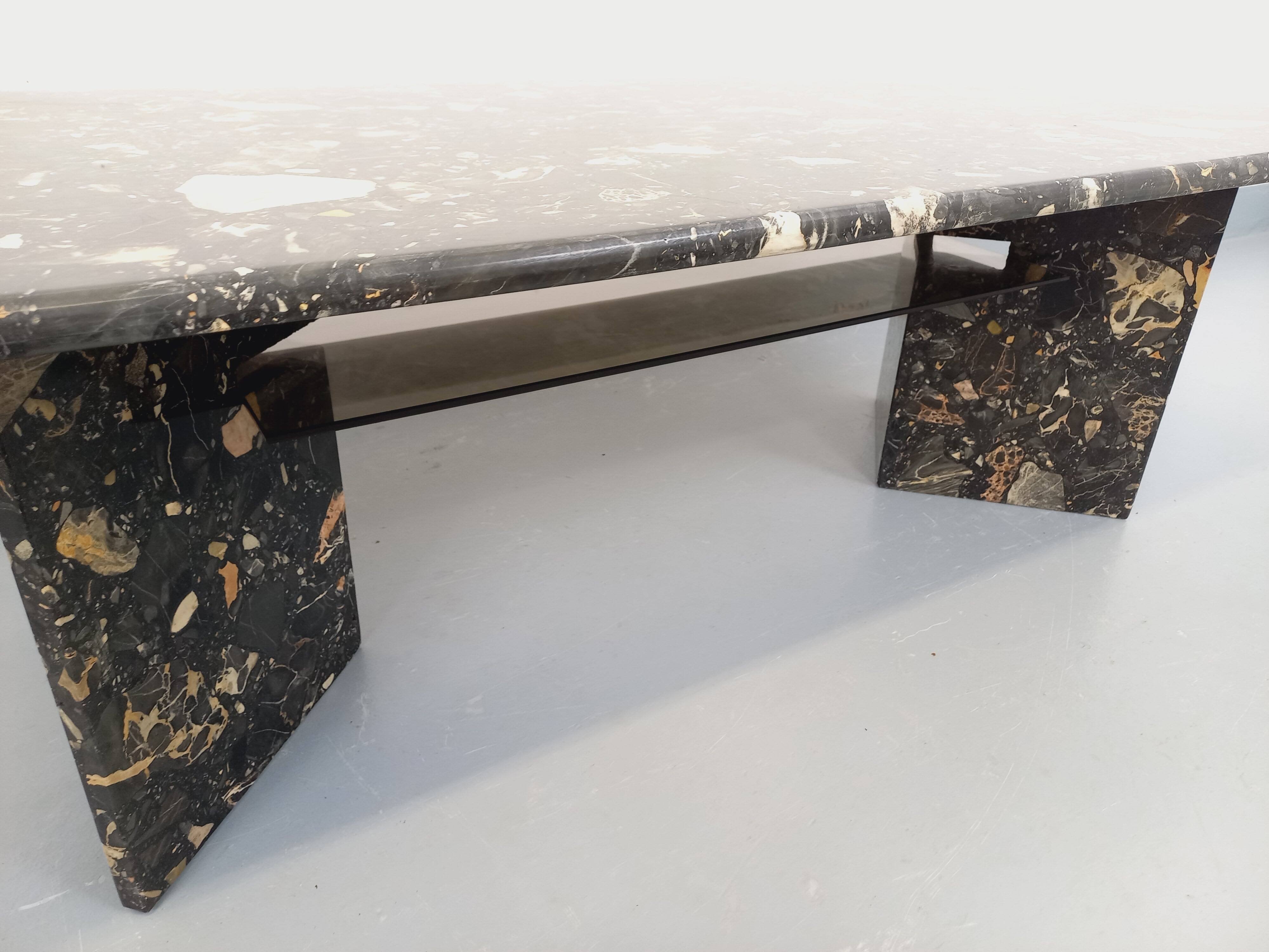 Vintage rectangular coffee table in black marble and smoked glass from the 1970s.