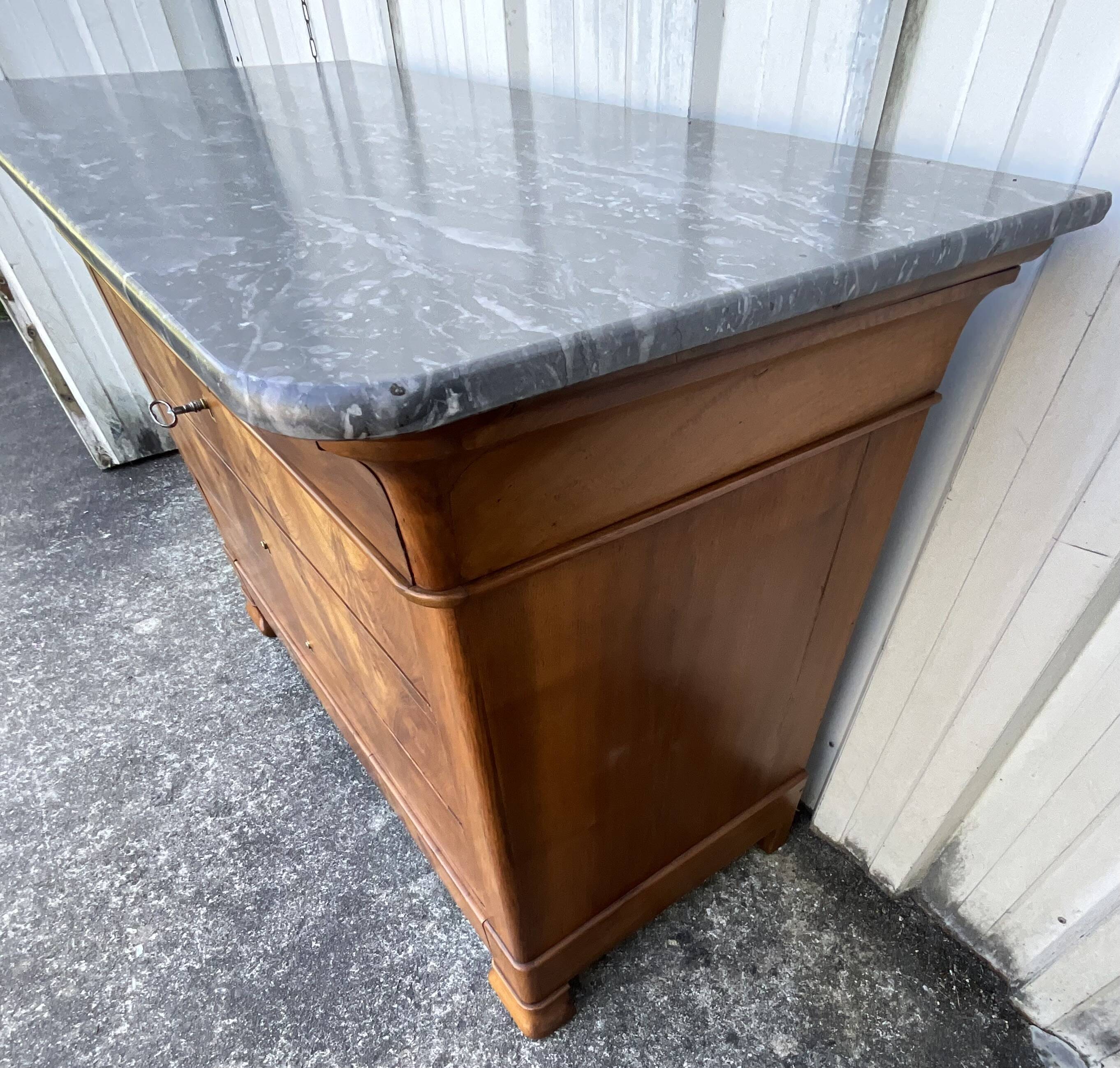 Louis-Philippe commode in burr walnut, Saint-Anne grey marble, mid-century