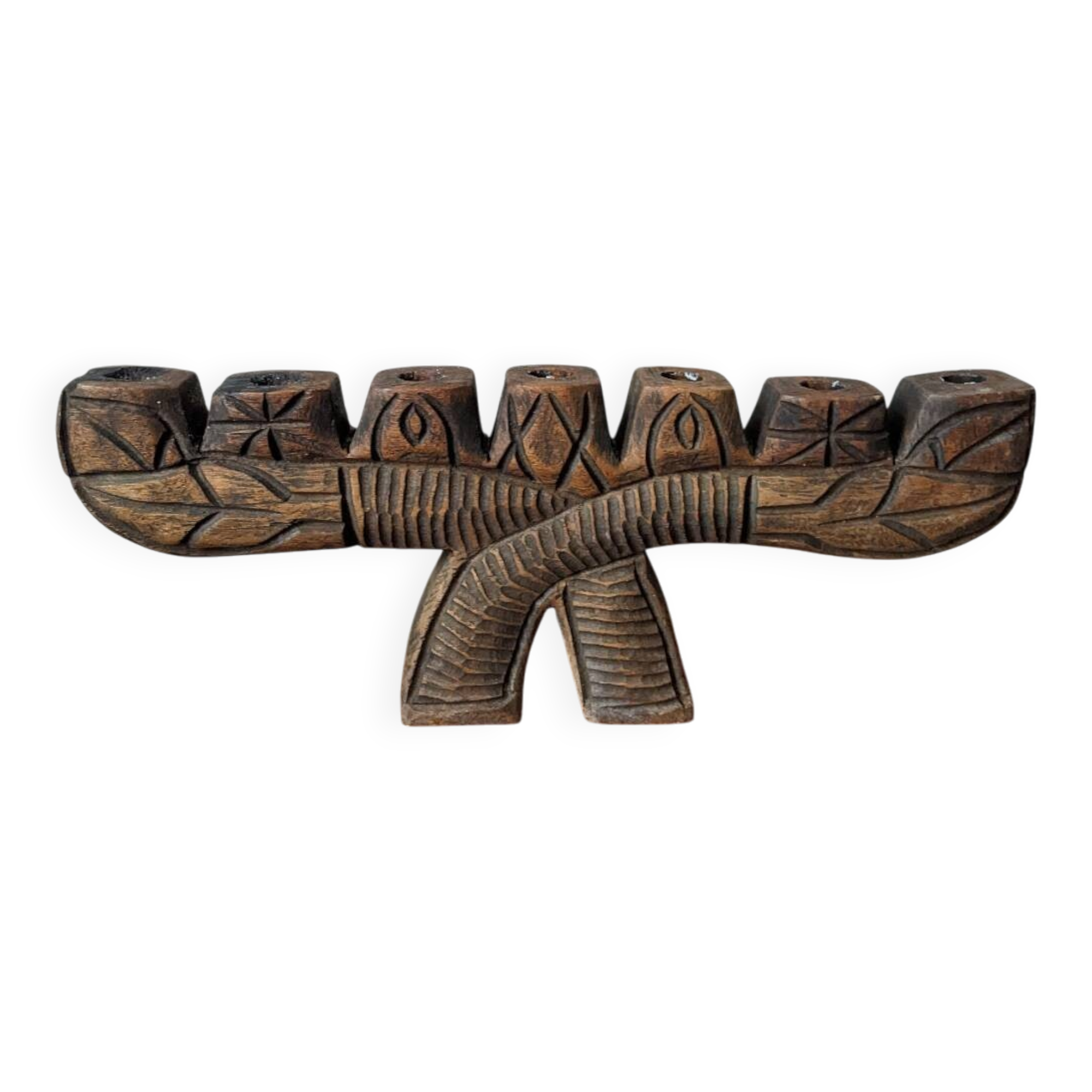 Hand-carved wooden candle holder, ethnic tribal style.