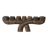 Hand-carved wooden candle holder, ethnic tribal style.