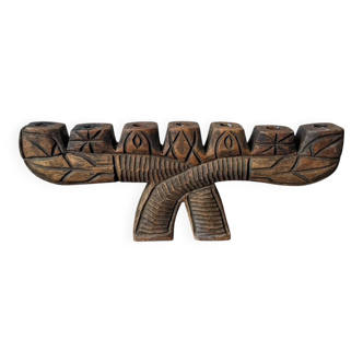 Hand-carved wooden candle holder, ethnic tribal style.