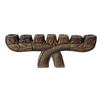 Hand-carved wooden candle holder, ethnic tribal style.