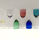 Set of Six Colorful Murano Blown Glass Wine Glasses, Italy 1980s