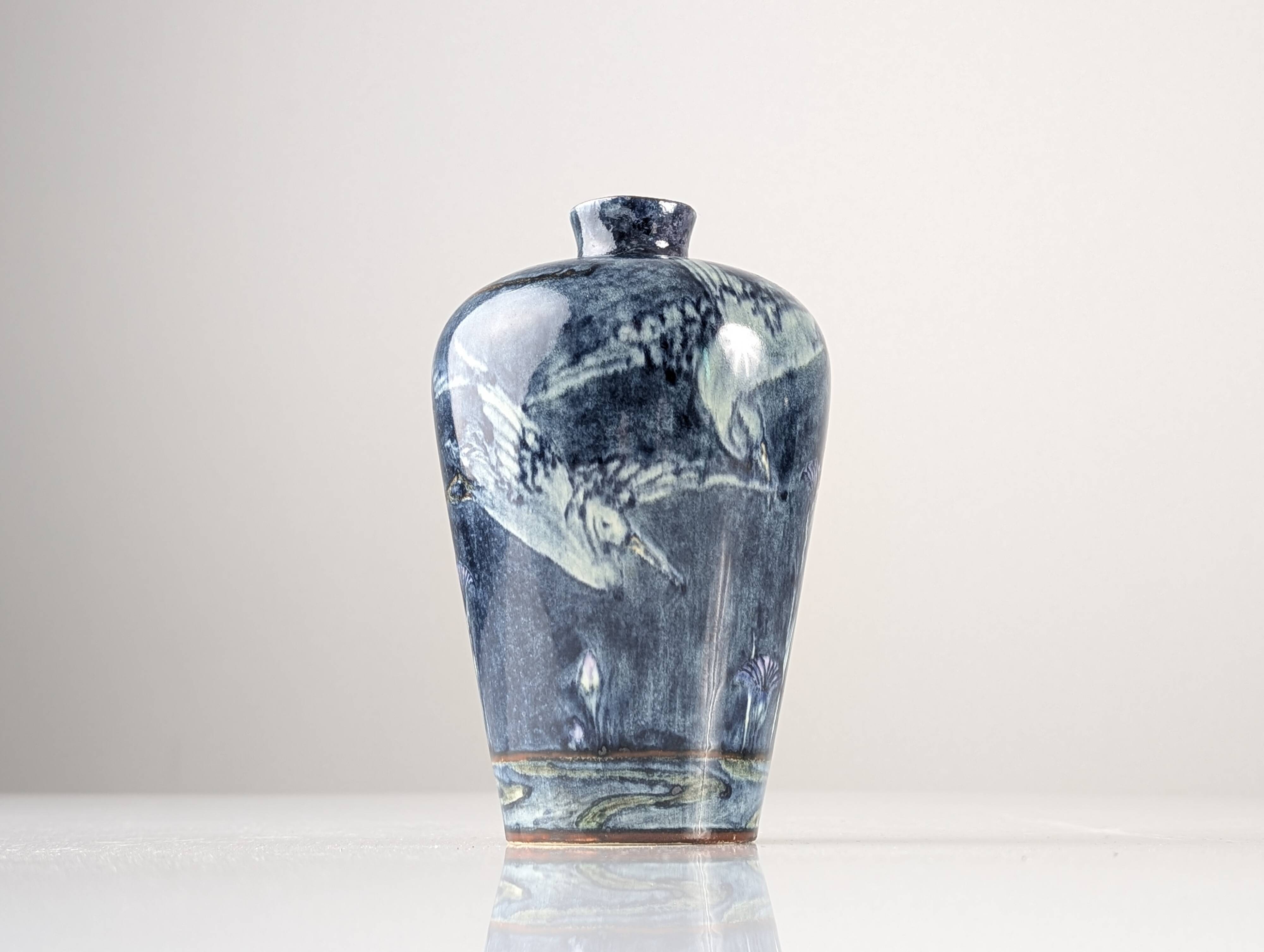 Art Nouveau Vase Herons and Flowers, J.W. Mijnlieff, Holland Utrecht 1900s