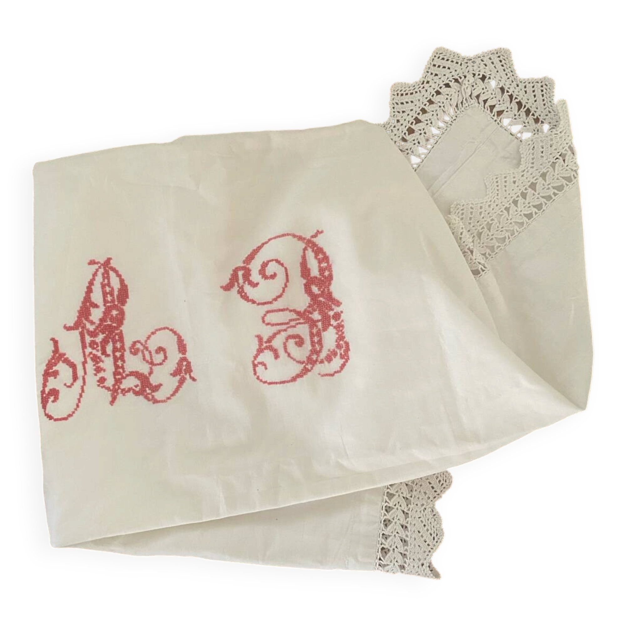 Antique white cotton pillowcase with crochet and monogram.