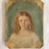 19th century portrait of a young girl, oil painting framed in oval gilded wood