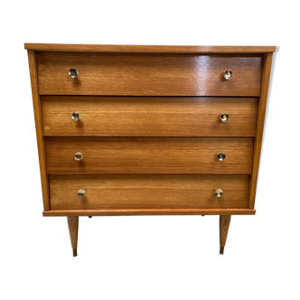 Commode 4 tiroirs plaquage chêne doré , vintage 1970  Très bon état