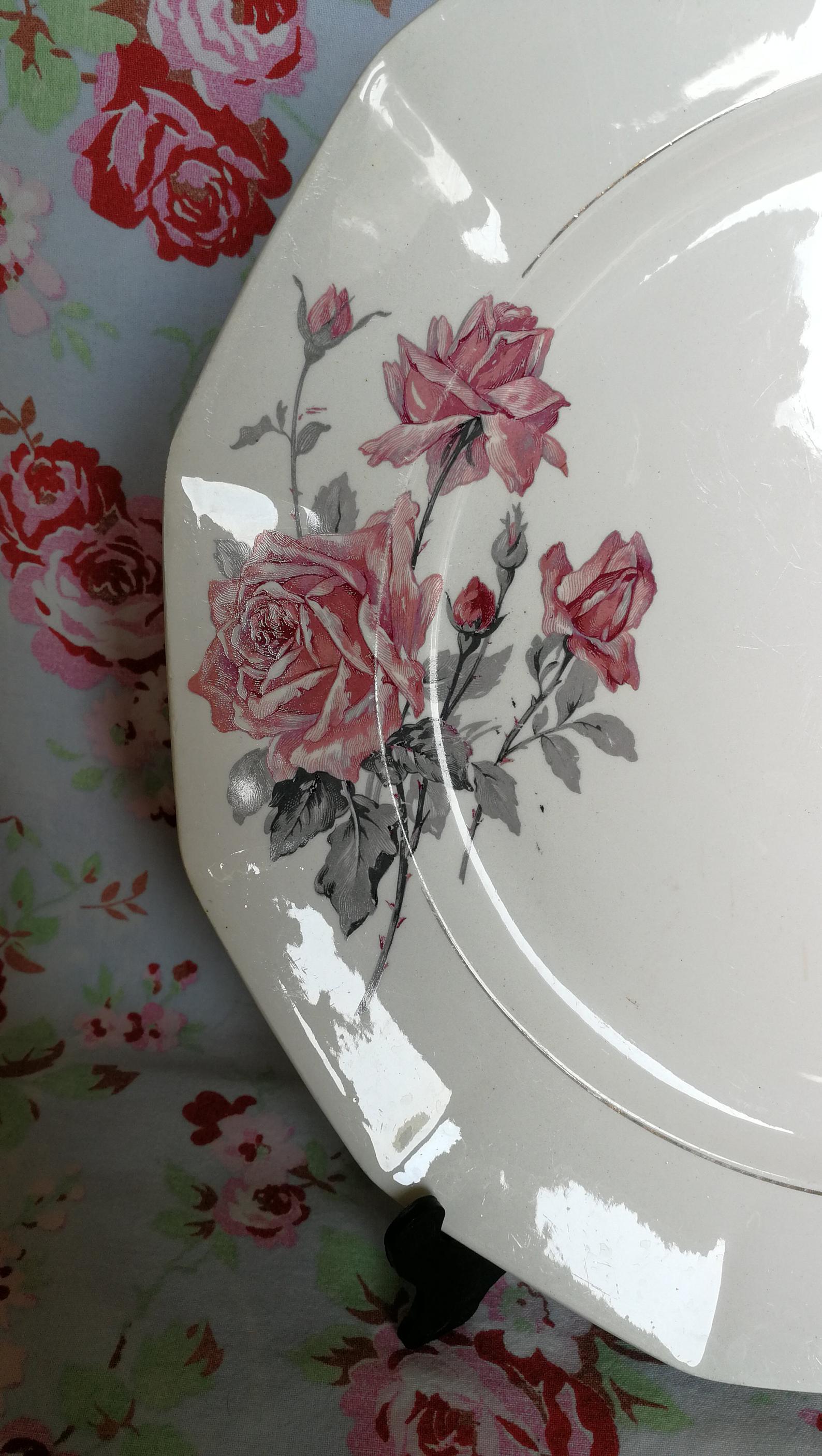 Old octogonal silver flower rose service dish