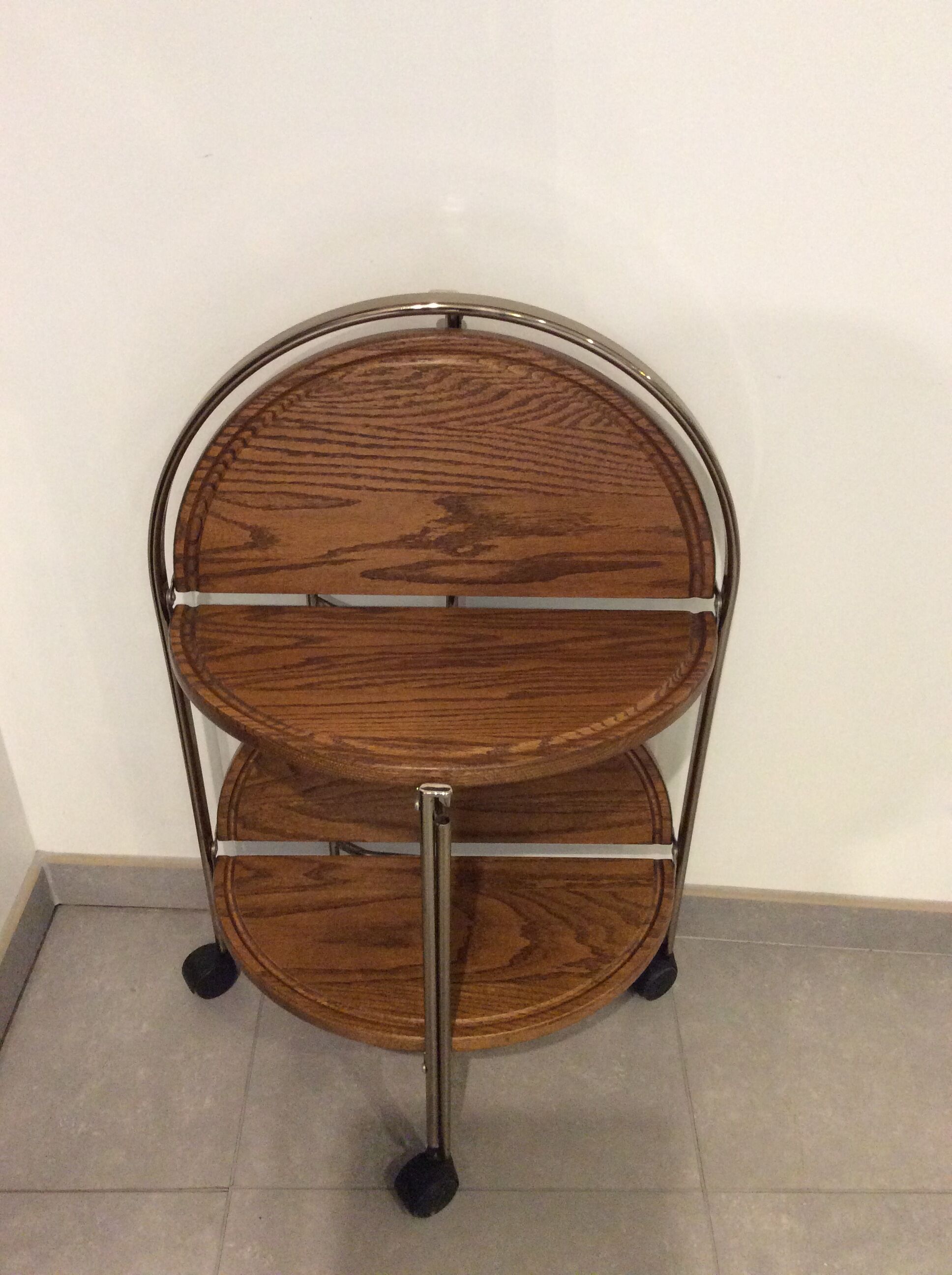 Round vintage foldable wooden and brass server