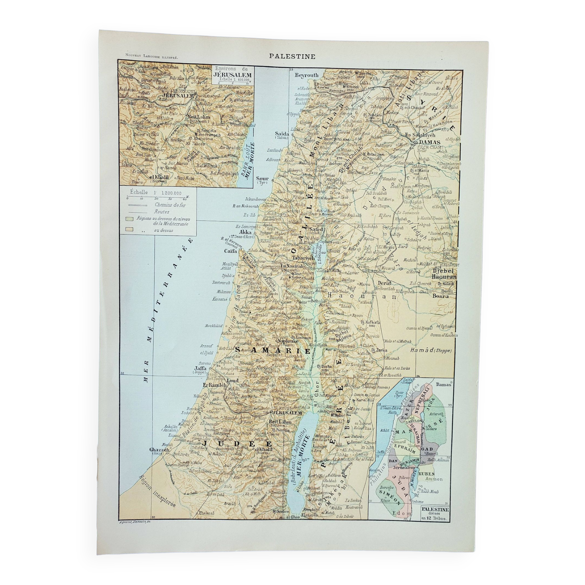 Old engraving 1898, Palestine, map, Jesus, religion • Original and vintage lithograph