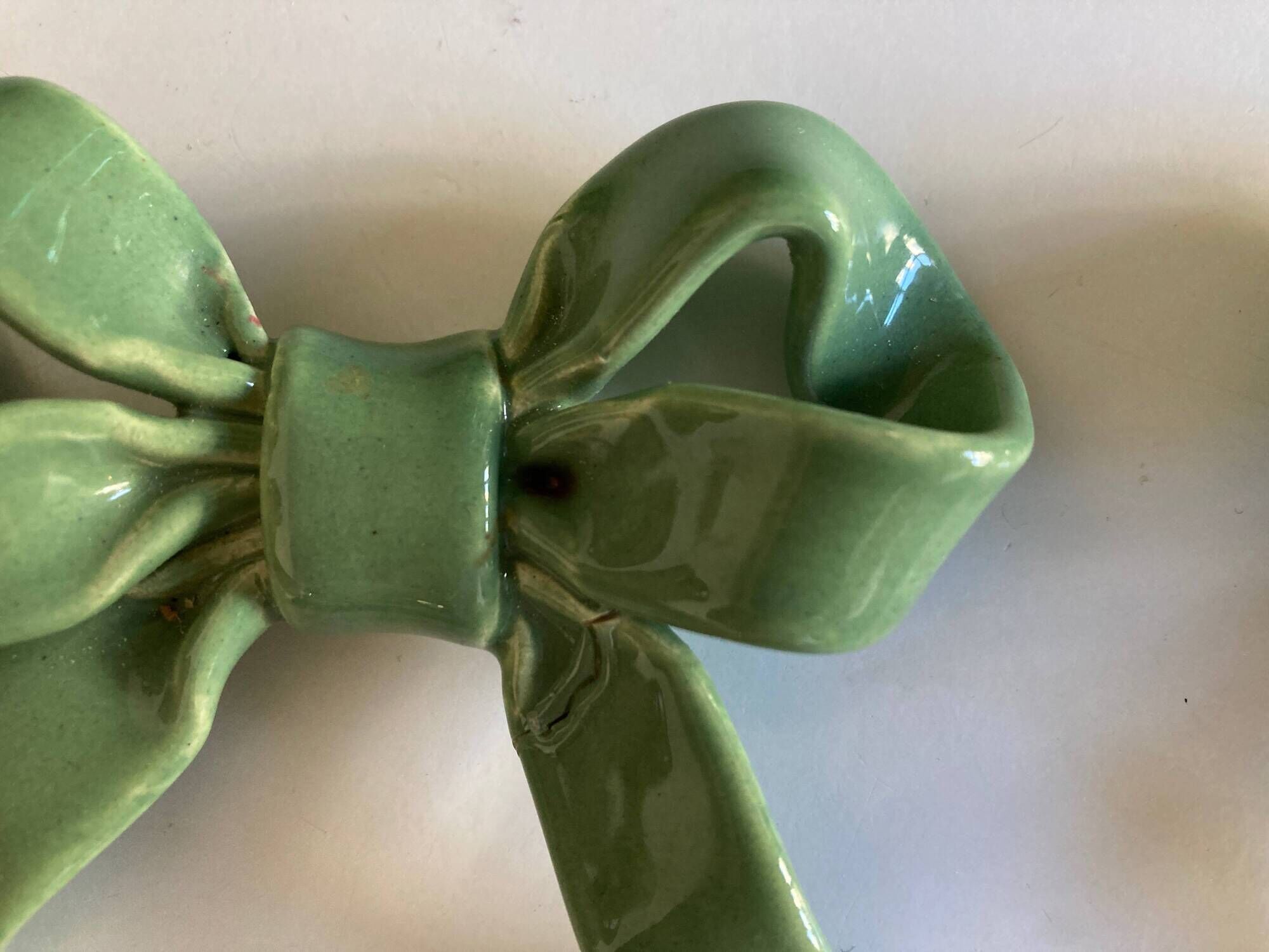 Set of 6 ribbon knife holders in green glazed earthenware 1980
