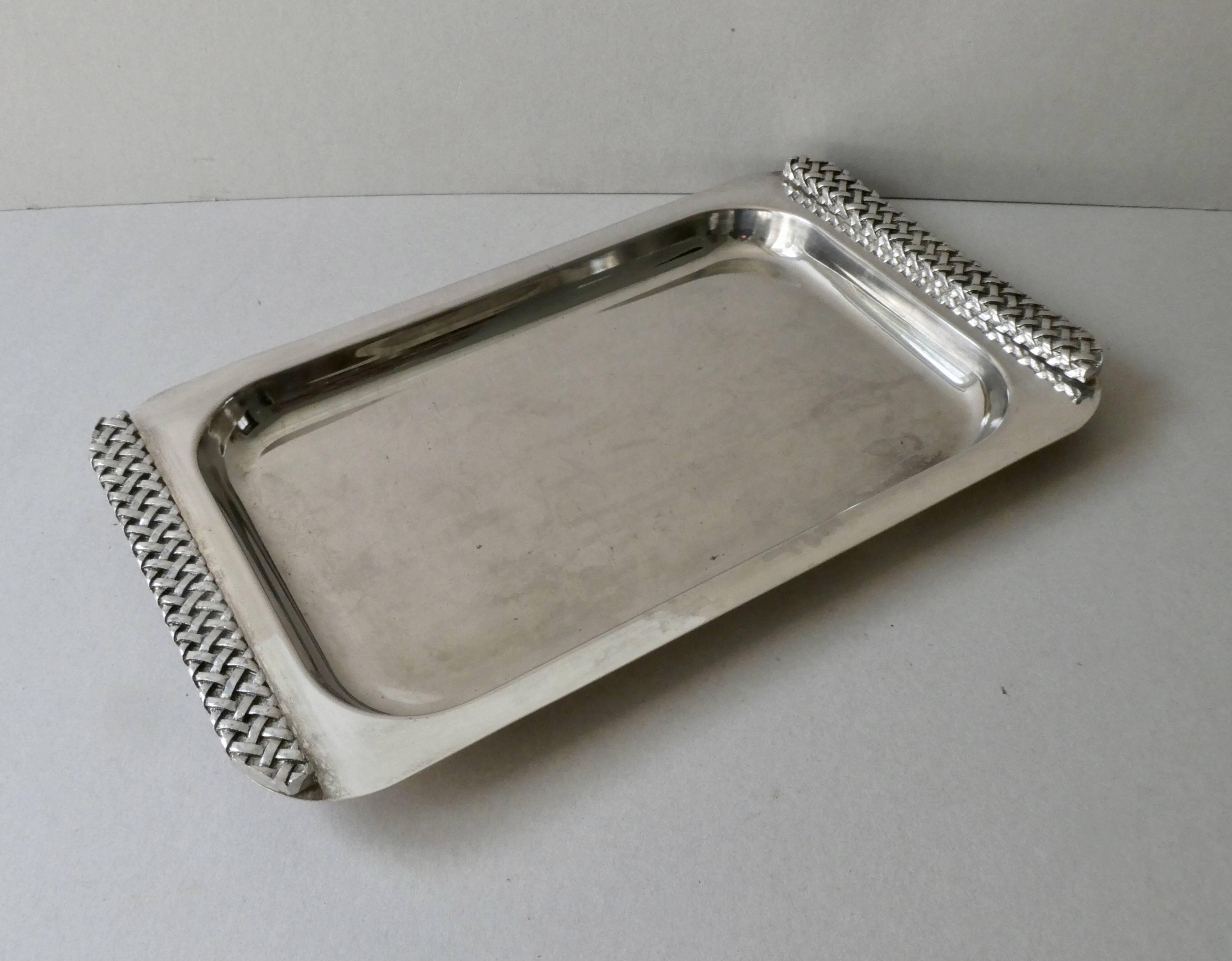 Silver metal tray with braided effect handles