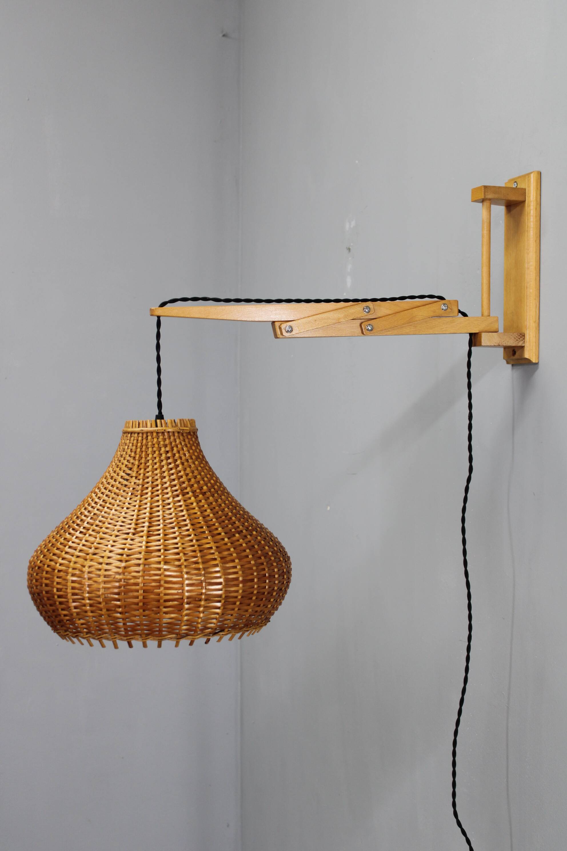Mid-century adjustable wooden wall lamp with rattan shade, Lipta, 1970s
