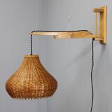 Mid-century adjustable wooden wall lamp with rattan shade, Lipta, 1970s