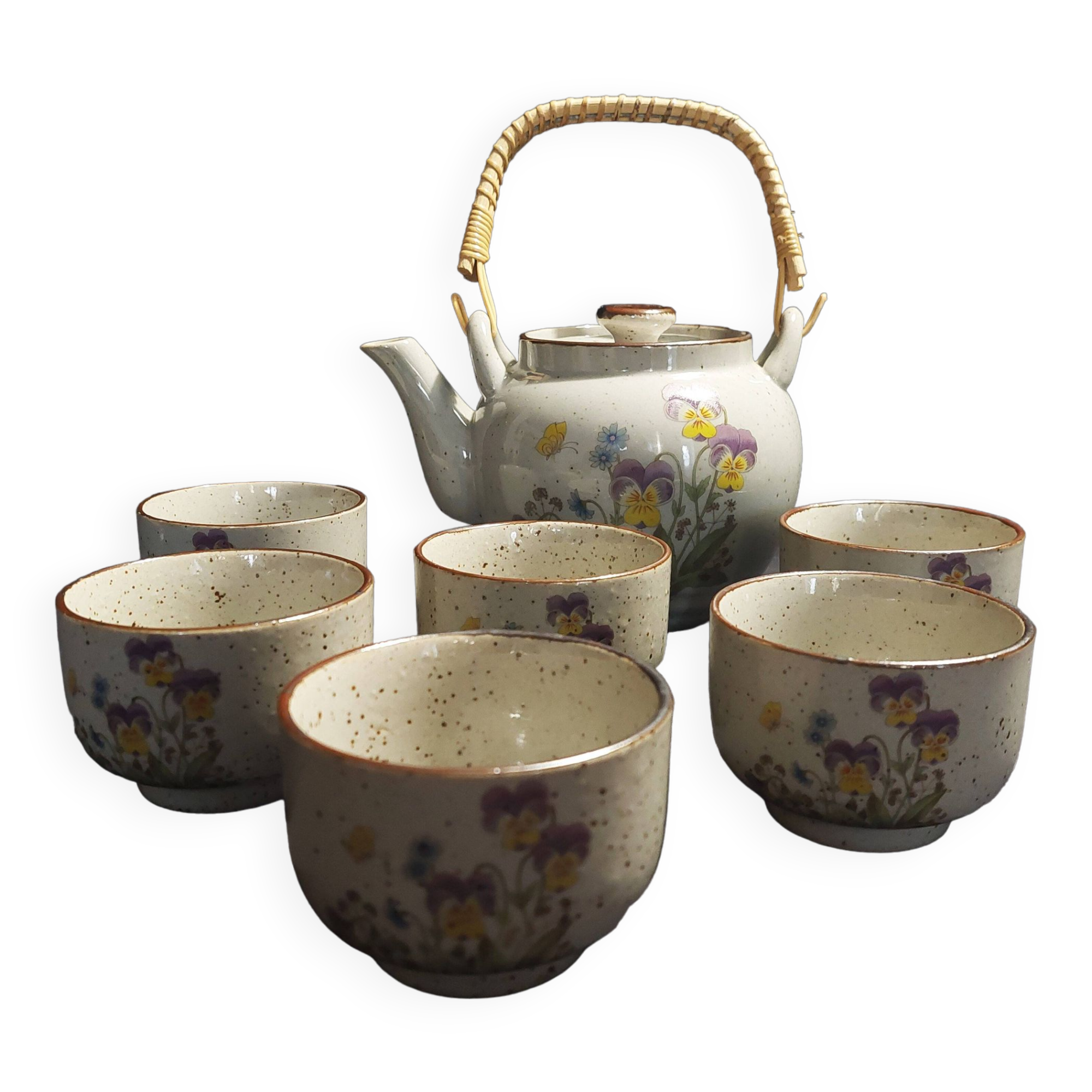 Vintage stoneware six cup tea set and teapot