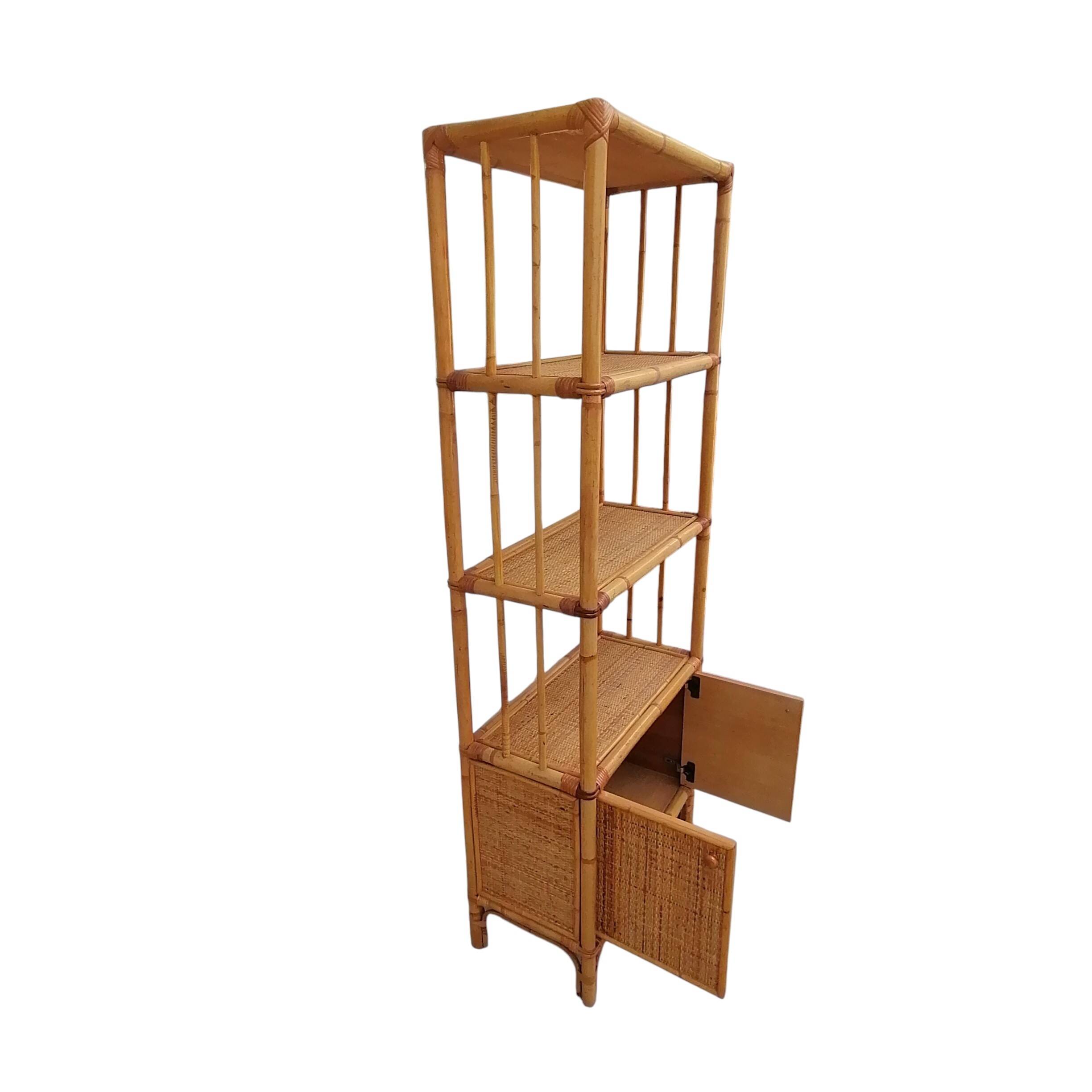 Bamboo and wicker bookshelf, vintage boho-chic from the '70s.