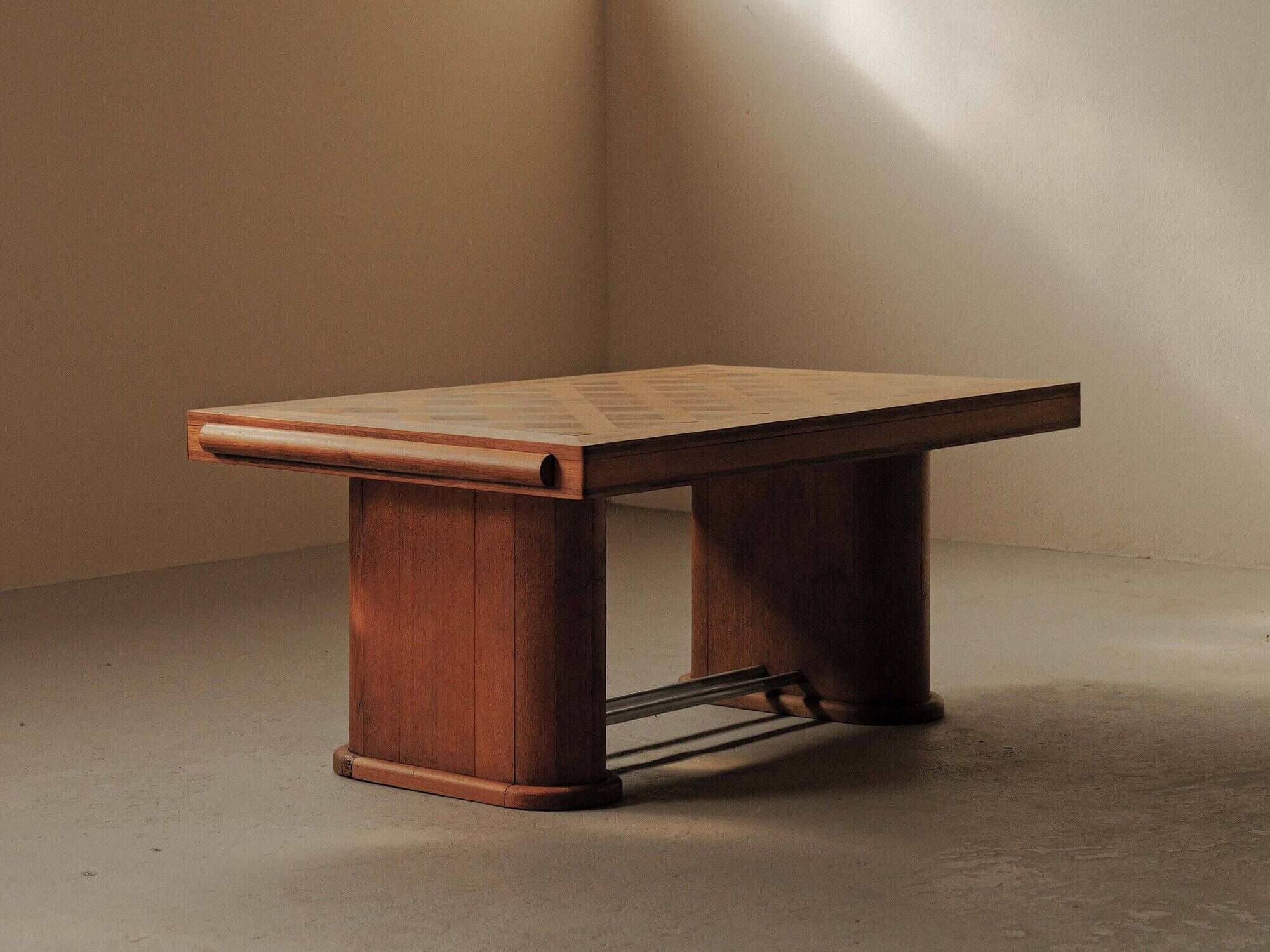 Art Deco table in oak and walnut with marquetry decoration, circa 1940.
