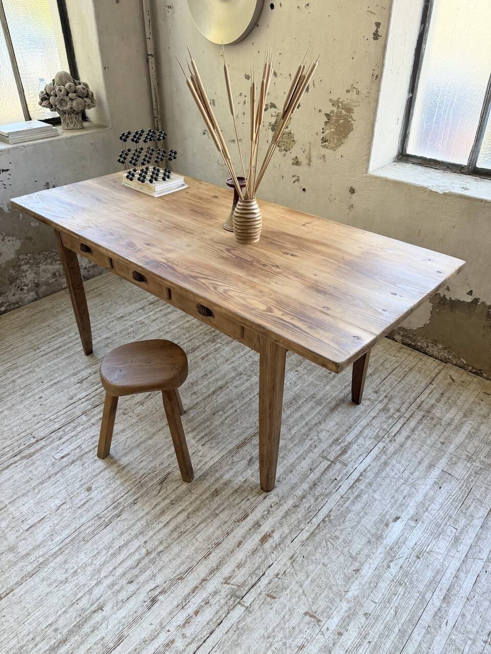 1950s pine and oak farmhouse table with multiple drawers