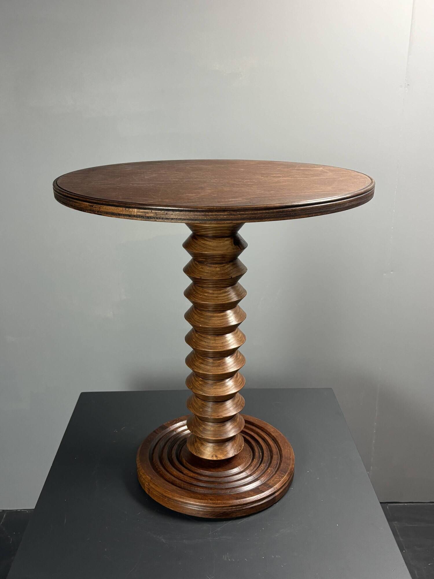 Midcentury brutalist wood turned side table, Charles Dudouyt style, 1950s