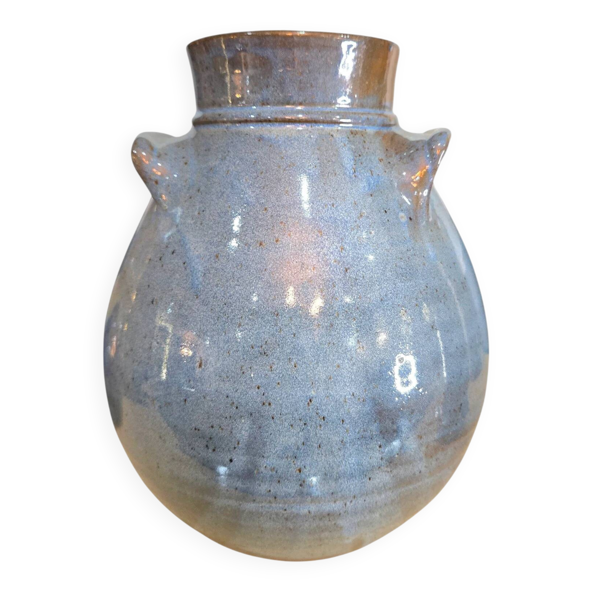 Blue glazed stoneware vase – Squat shape with handles – Handmade craftsmanship