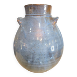 Blue glazed stoneware vase – Squat shape with handles – Handmade craftsmanship
