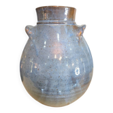 Glazed blue stoneware vase – Squat shape with handles – Handmade craftsmanship