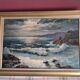 Old oil painting depicting a seascape.