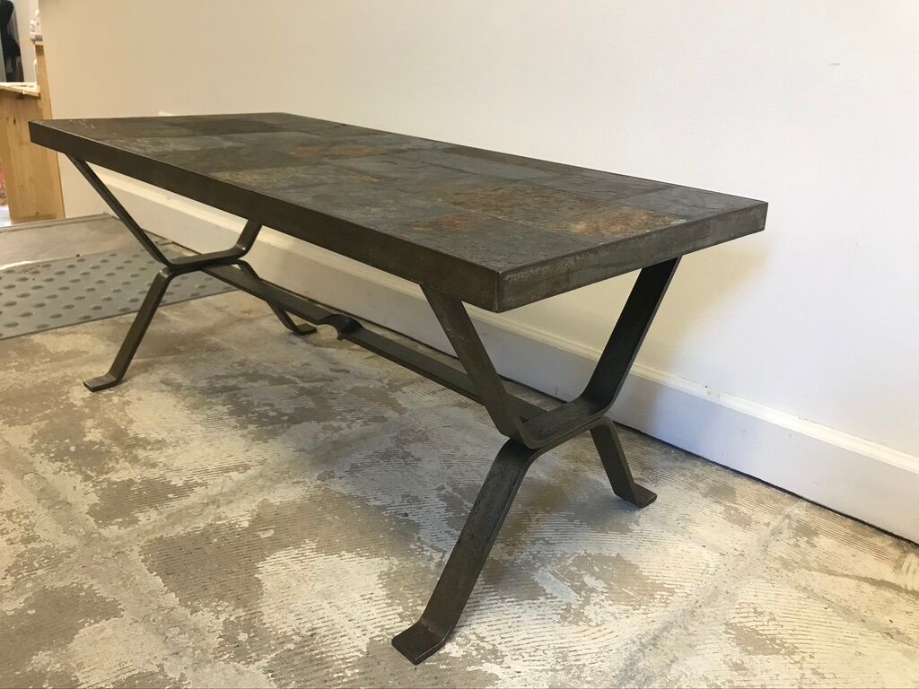 Wrought iron table slate tiles 1960