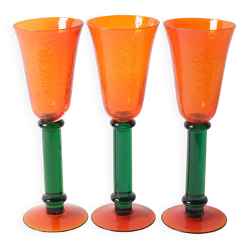 Set of 3 Vintage Orange and Green Stem Glasses / Kosta Boda / Sweden / 1980
