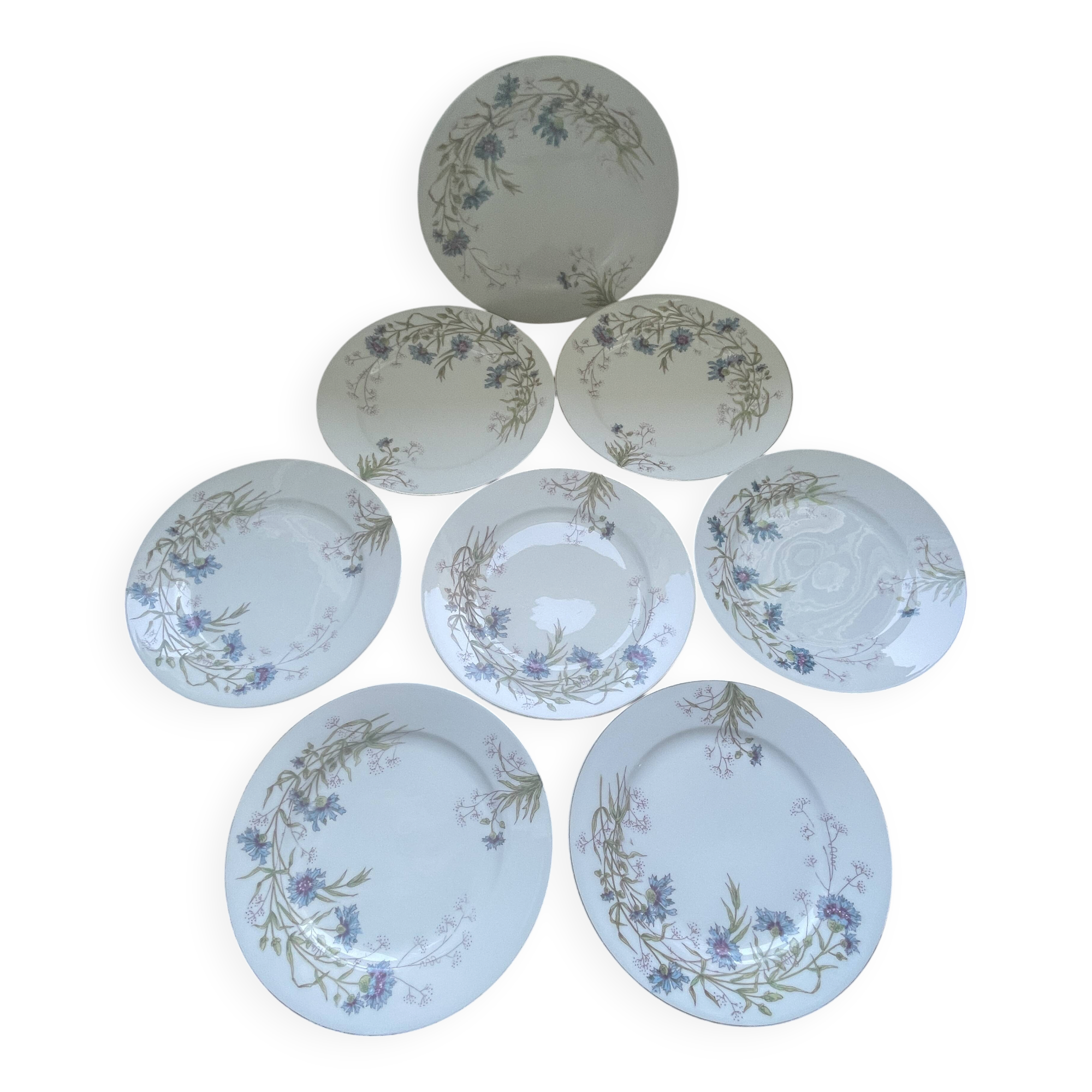 8 vintage plates with romantic chic country cornflower decoration.