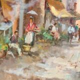 Mid-century oil on canvas painting" city street scene  " by moriani --vintage & framed