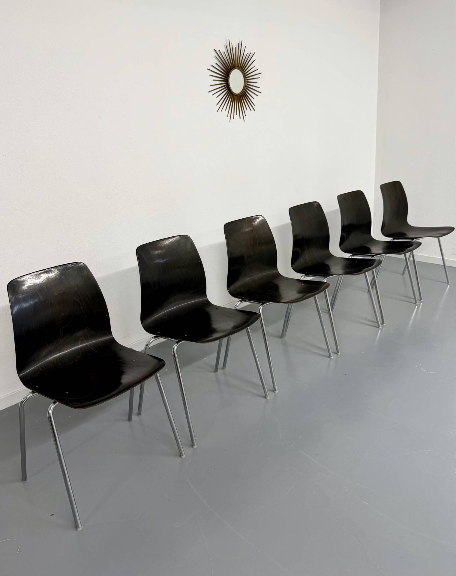 Set of 6 wooden and chrome chairs, Pagholz design from the 80s, vintage Pagwood.