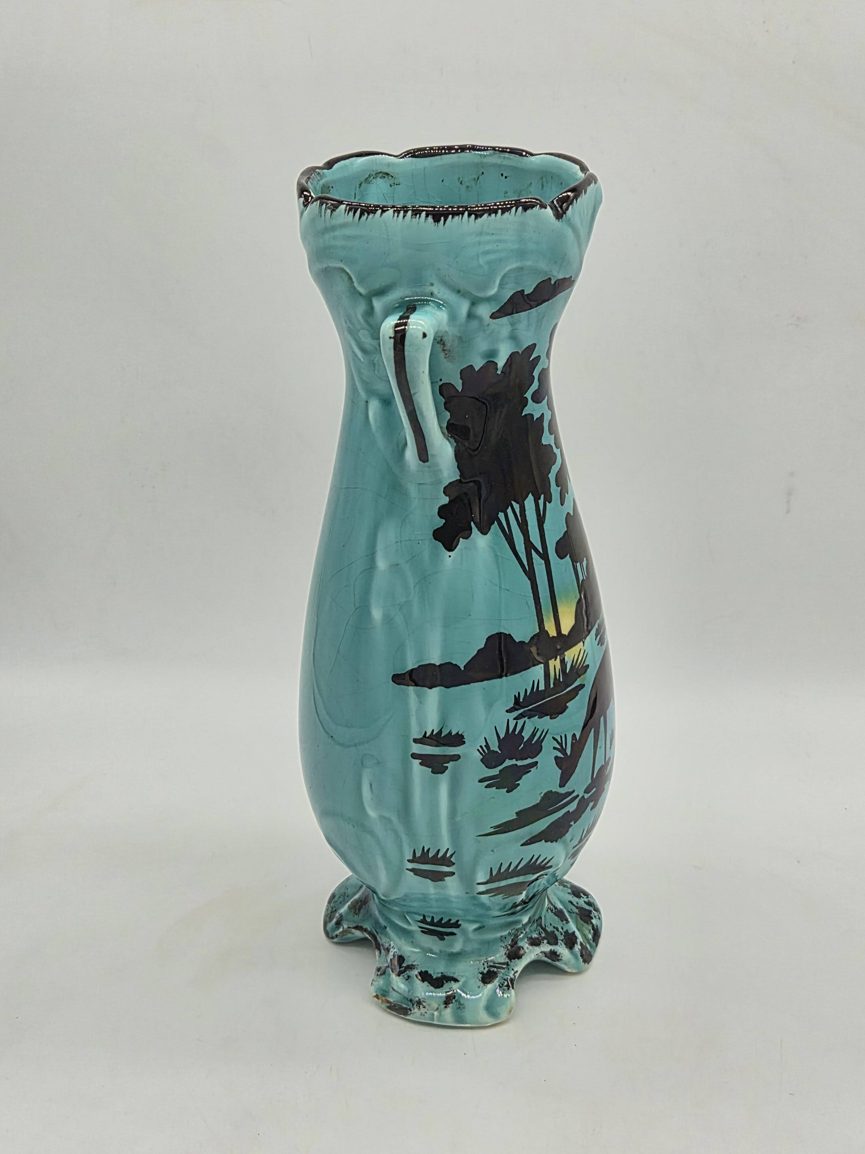 Art Deco turquoise vase with a deer design