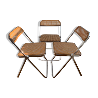 Set of three Plia folding chairs with woven wicker Giancarlo Piretti for Castelli