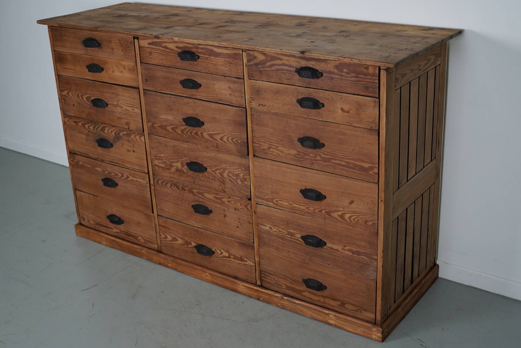 Antique Rustic German Pine Apothecary Cabinet / Bank of Drawers, 1900s