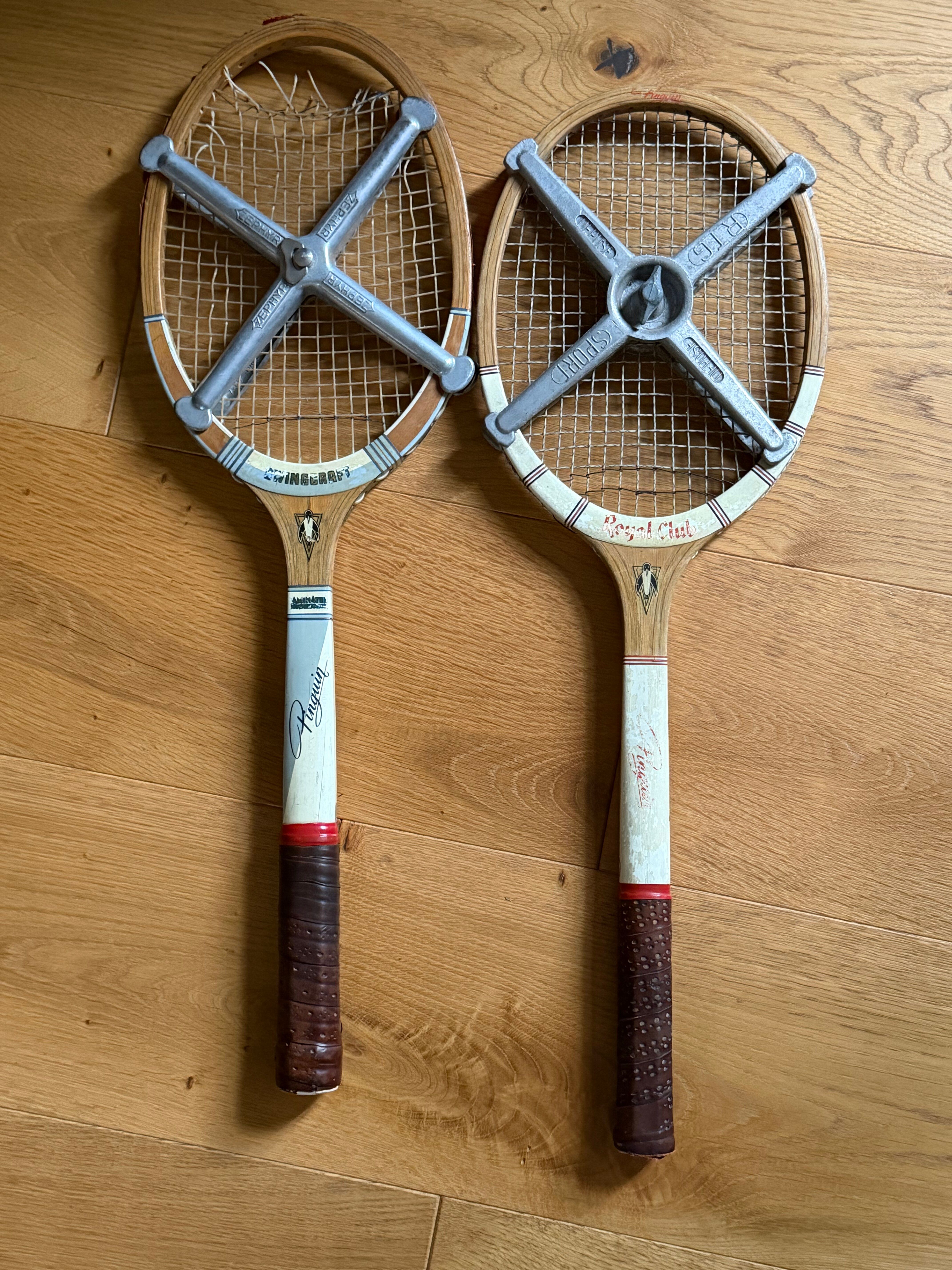 Vintage Pinguin rackets from the 1960s.