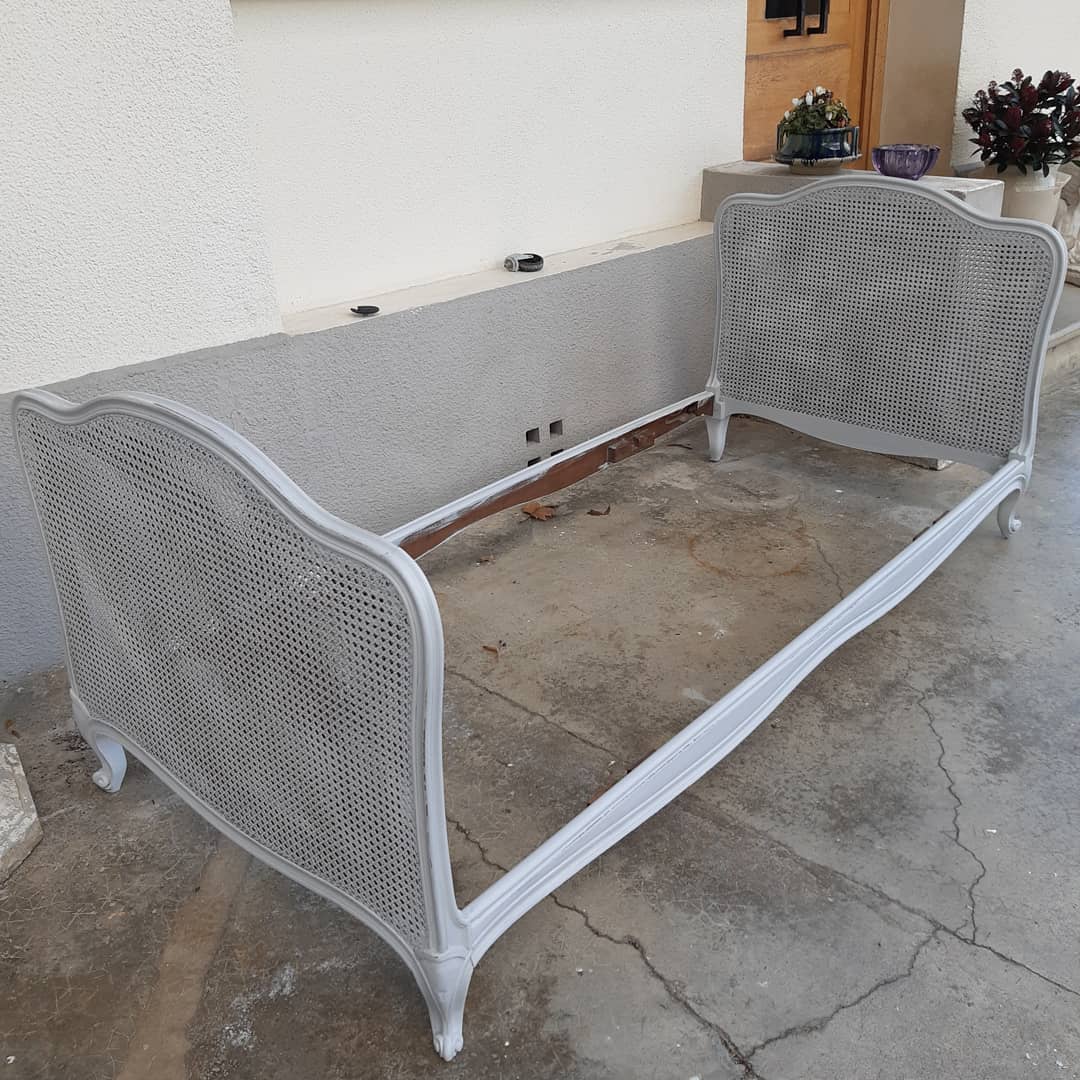 Artisanal double cannage bed, bench, pearl gray patina.