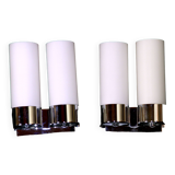 Pair of Modernist wall lights in chrome and double opaline metal, France, Mid-century.