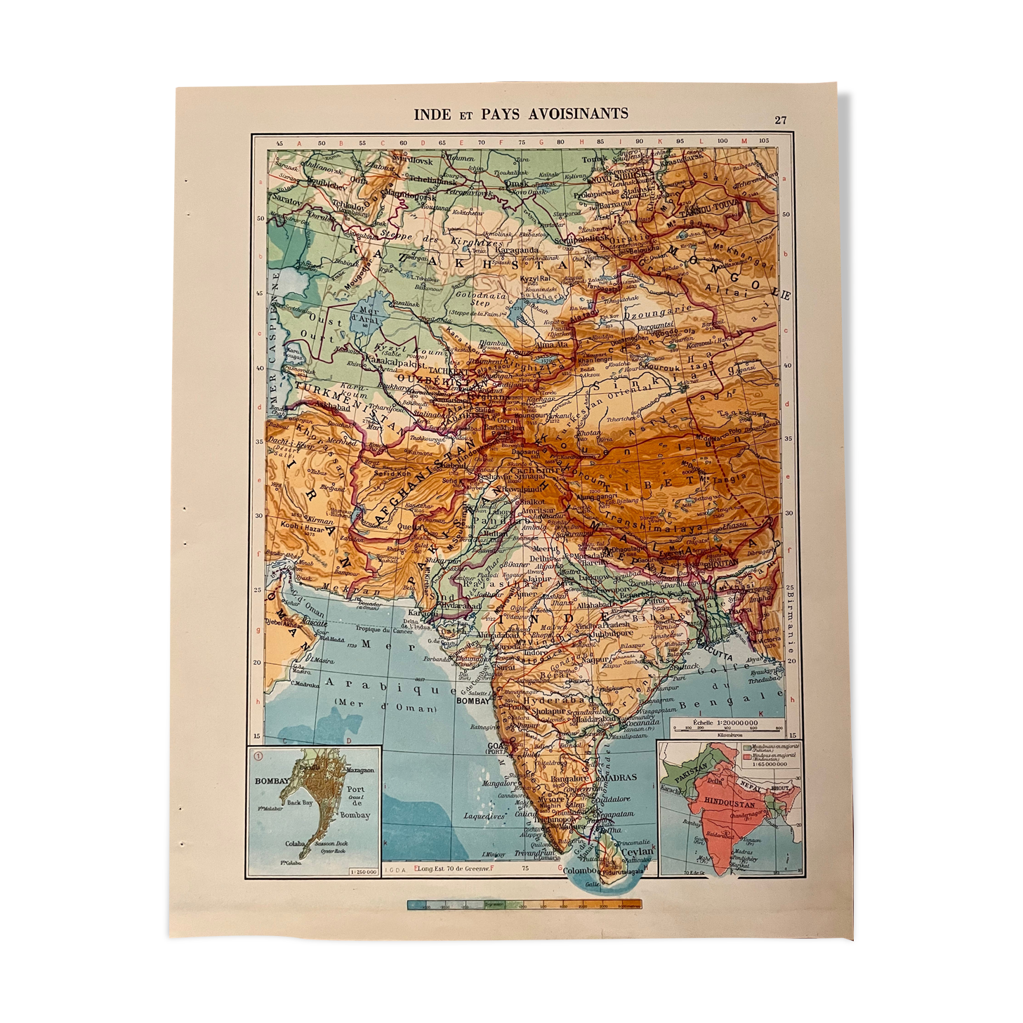 Old map of India, Nepal, Afghanistan and Himalayas from 1945