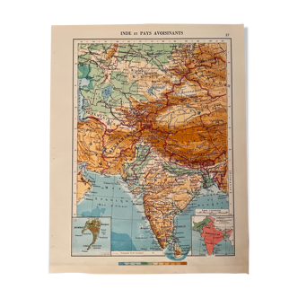 Old map of India, Nepal, Afghanistan and Himalayas from 1945