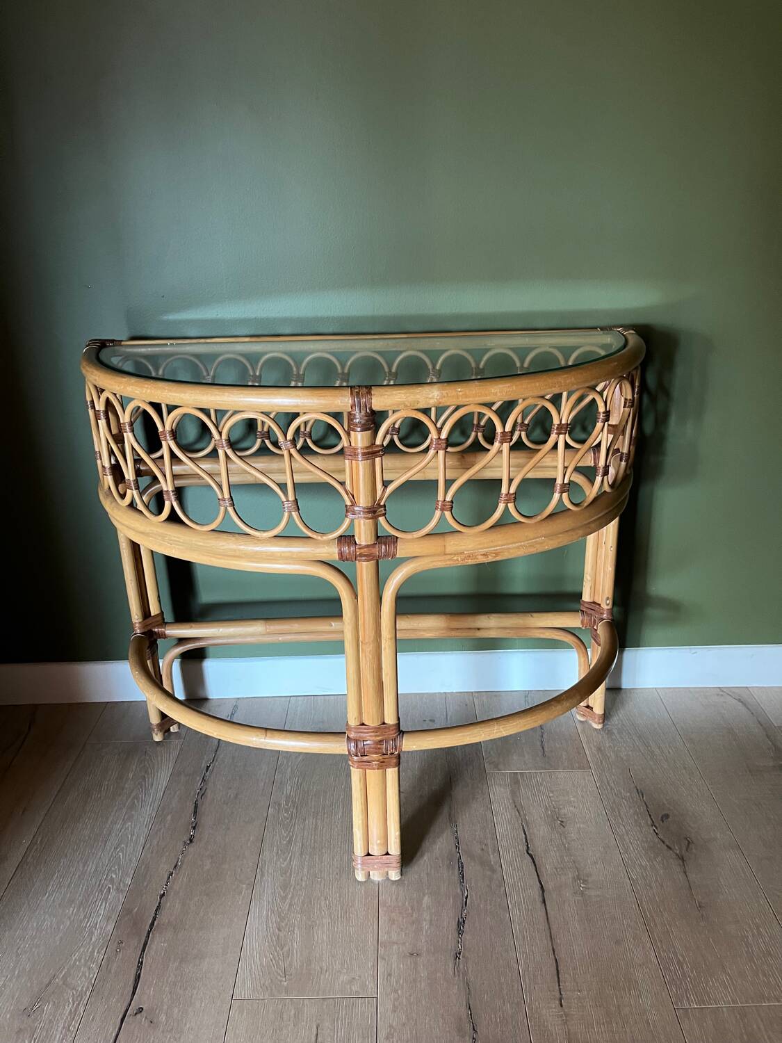 Vintage bamboo rattan half-moon console