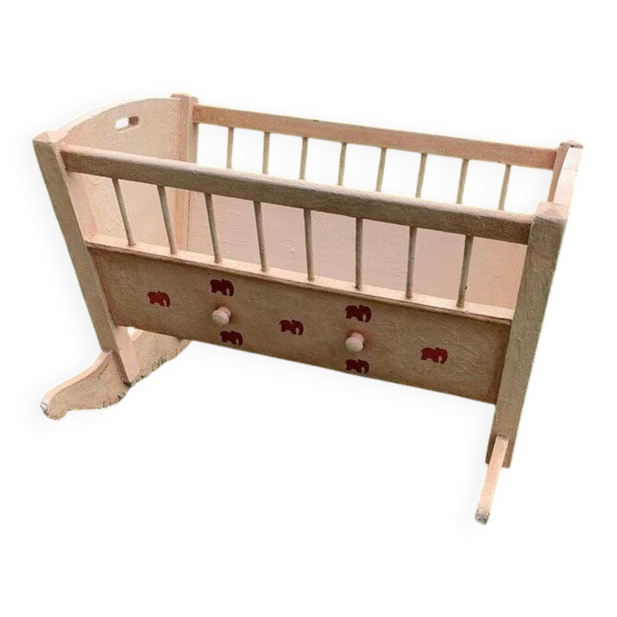 Child's cradle in pine painted pink and red, Hungary - 1920s, vintage style
